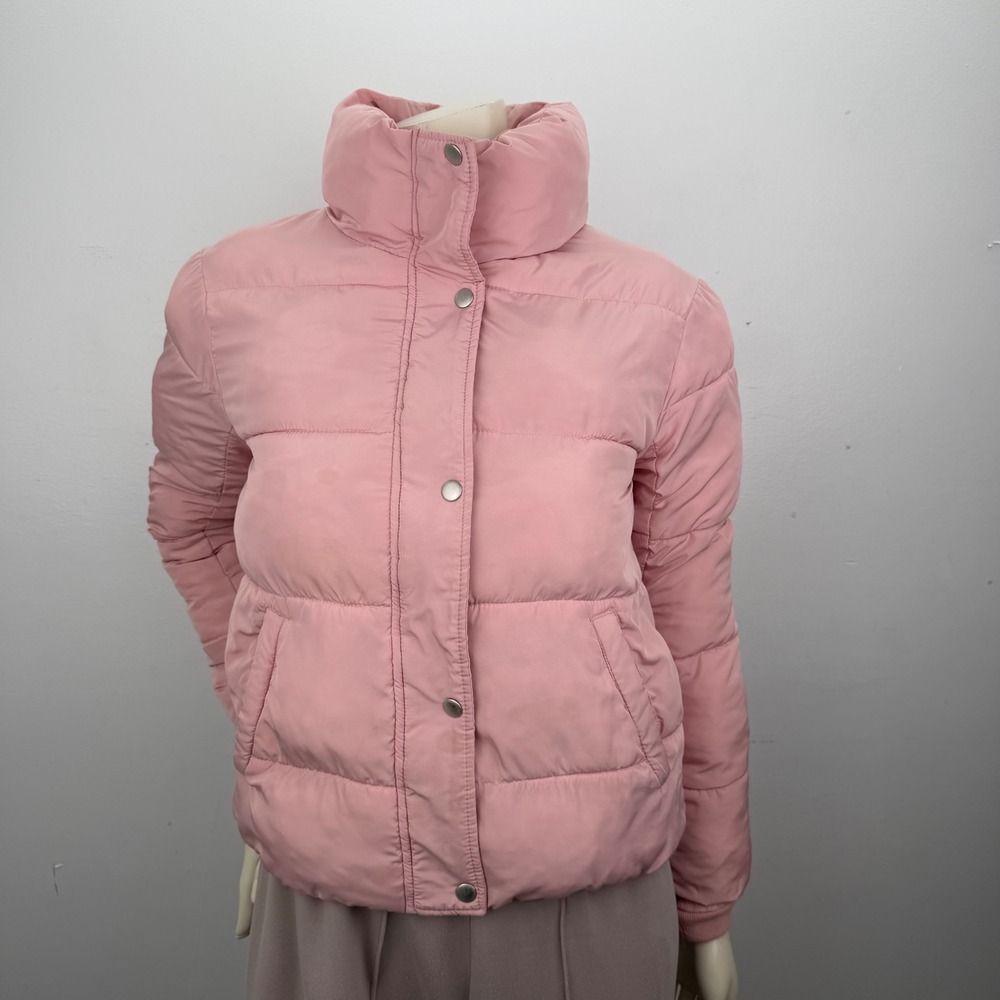 Pink Puffer‎ Jacket Funnel Neck Snap Button Quilted Coat Small Barbiecore Y2K